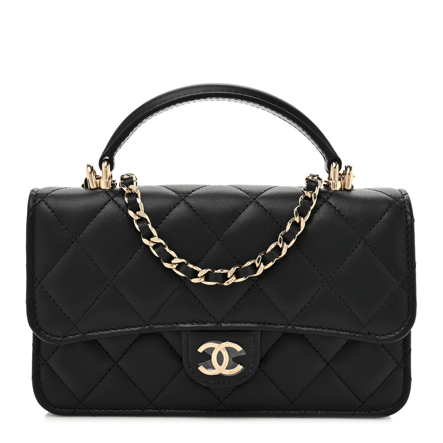 Lambskin Quilted Flap Phone Holder With Chain Black