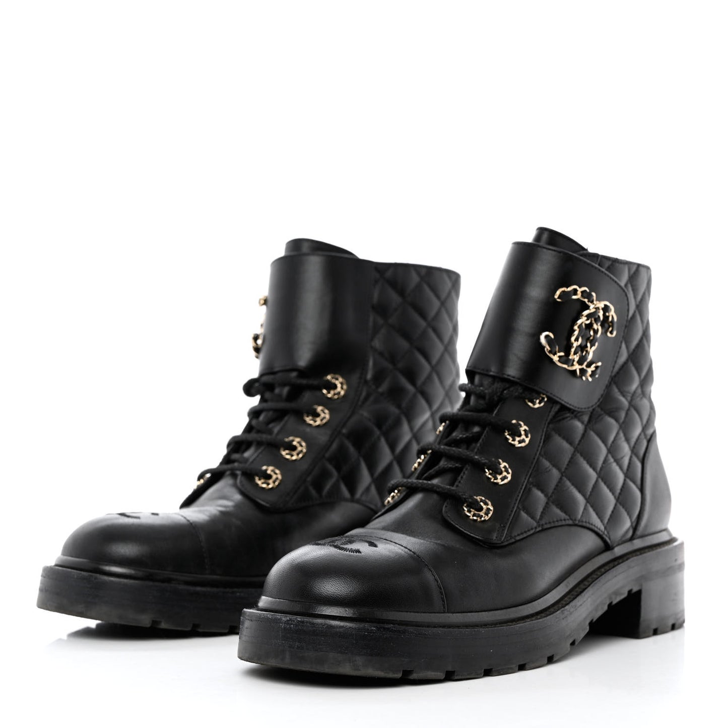 Shiny Calfskin Quilted Lace Up Combat Boots 40 Black