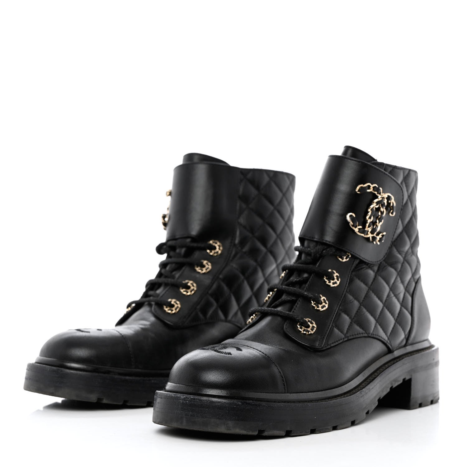 Chanel Shiny Calfskin Quilted Lace Up Combat Boots 40 Black 3 of 9