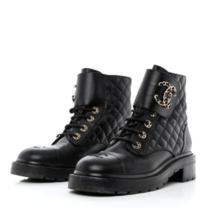 Chanel Shiny Calfskin Quilted Lace Up Combat Boots 40 Black 3 of 9