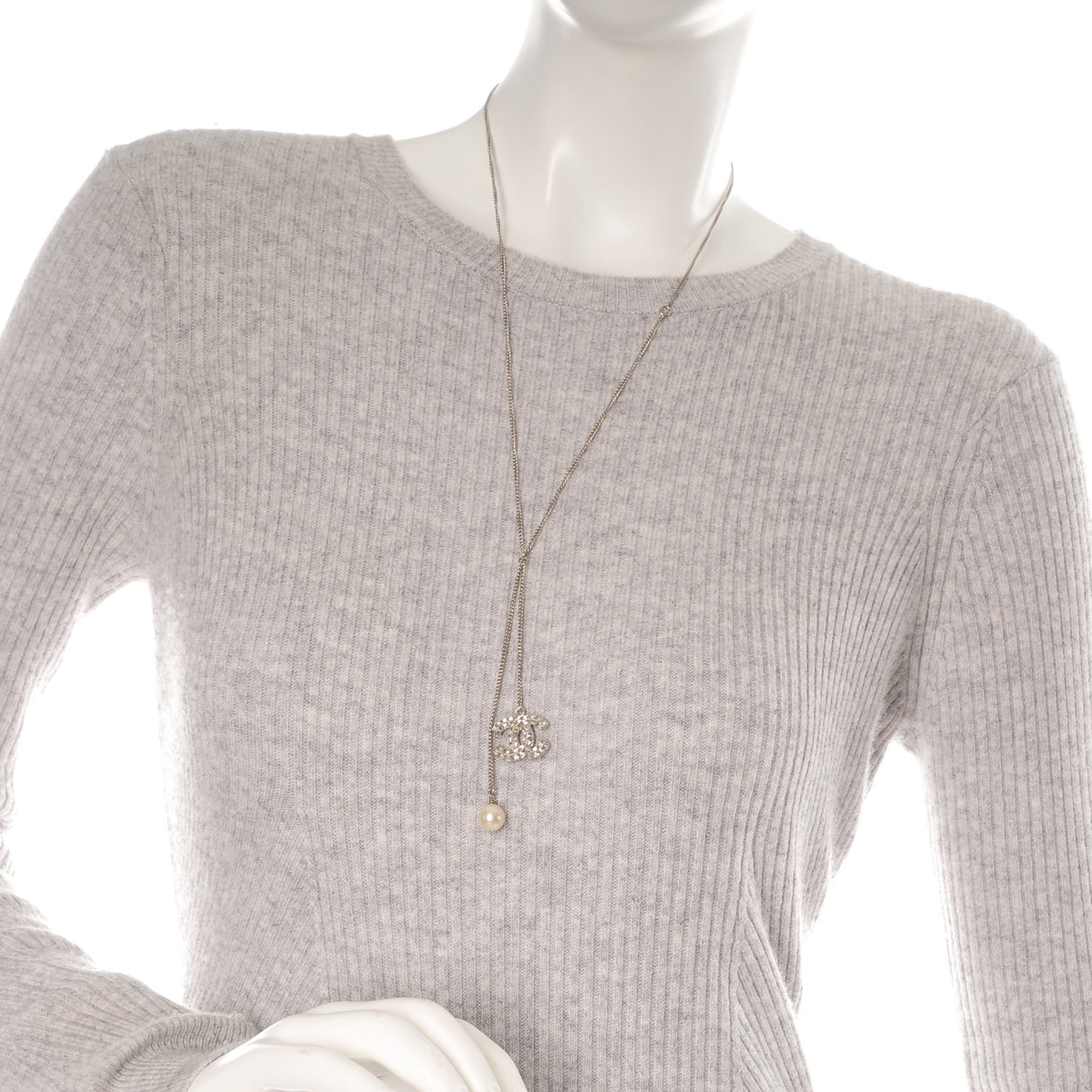 Baguette Crystal Pearl CC Necklace Silver