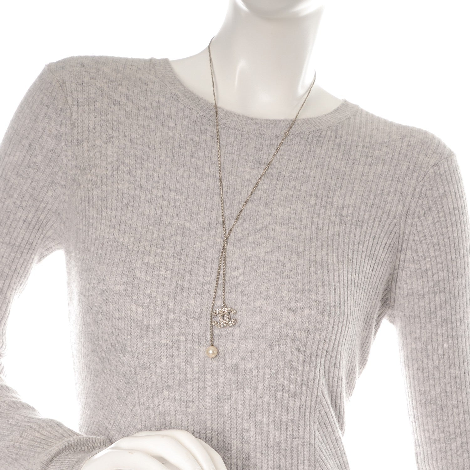 Chanel Baguette Crystal Pearl CC Necklace Silver 2 of 6