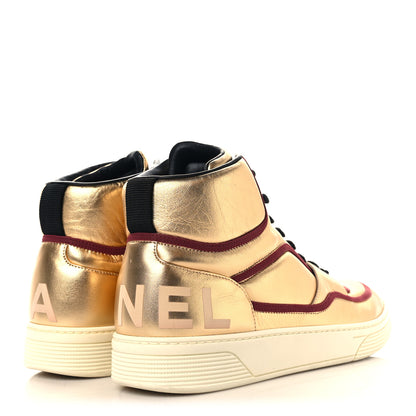 Chanel Metallic Satin Lambskin Mens Logo High Top Sneakers 45 Gold Burgundy 5 of 8