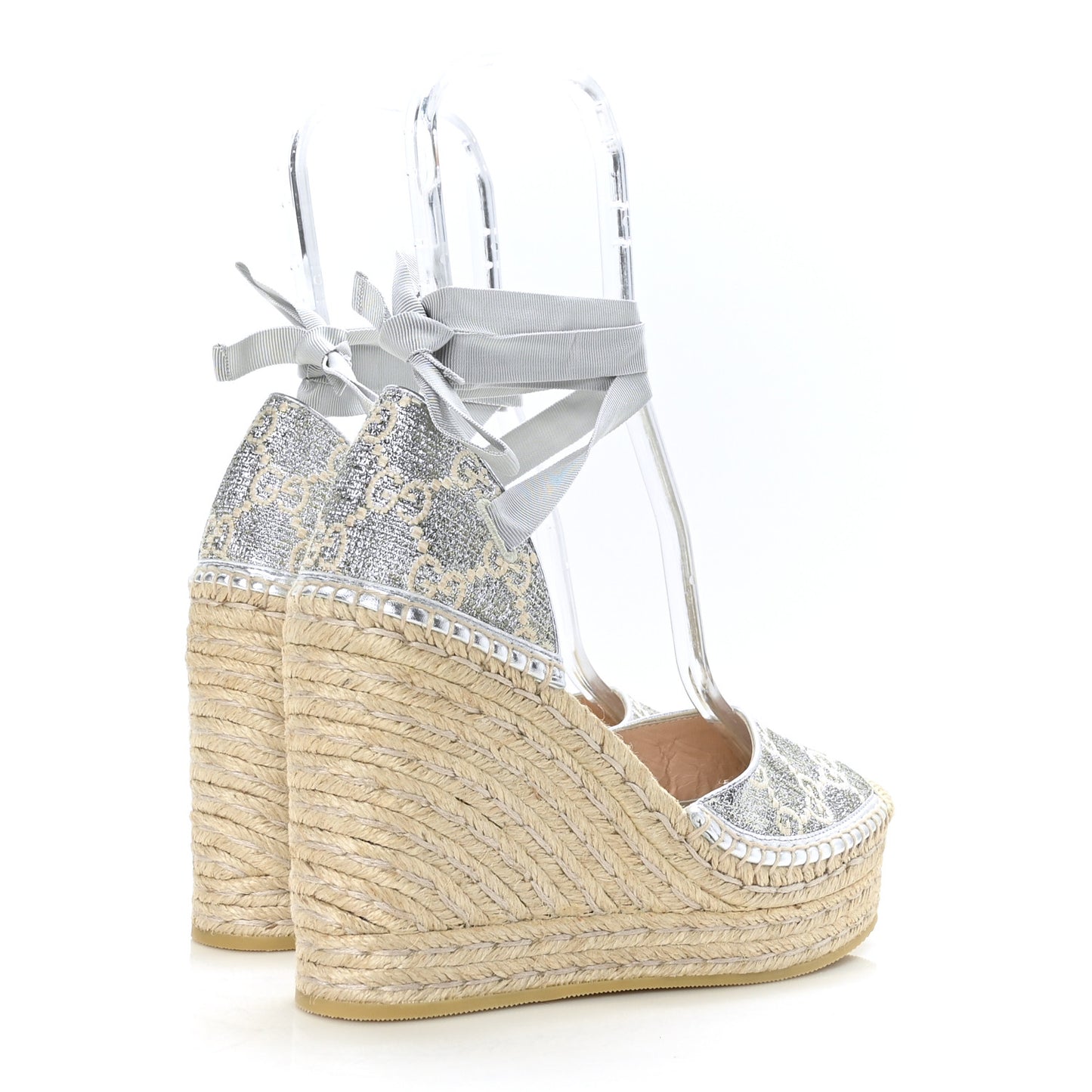 Lame GG Monogram Ankle Wrap Platform Espadrille Wedges 39.5 Silver Beige Light Grey