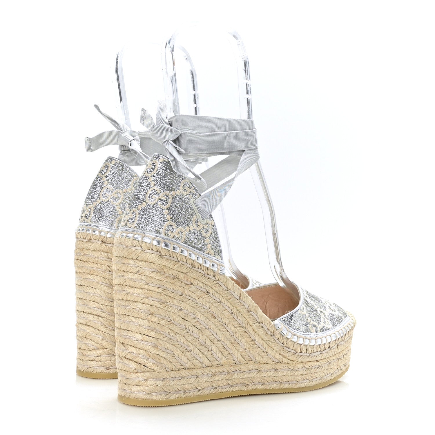 Gucci Lame GG Monogram Ankle Wrap Platform Espadrille Wedges 39.5 Silver Beige Light Grey 4 of 8