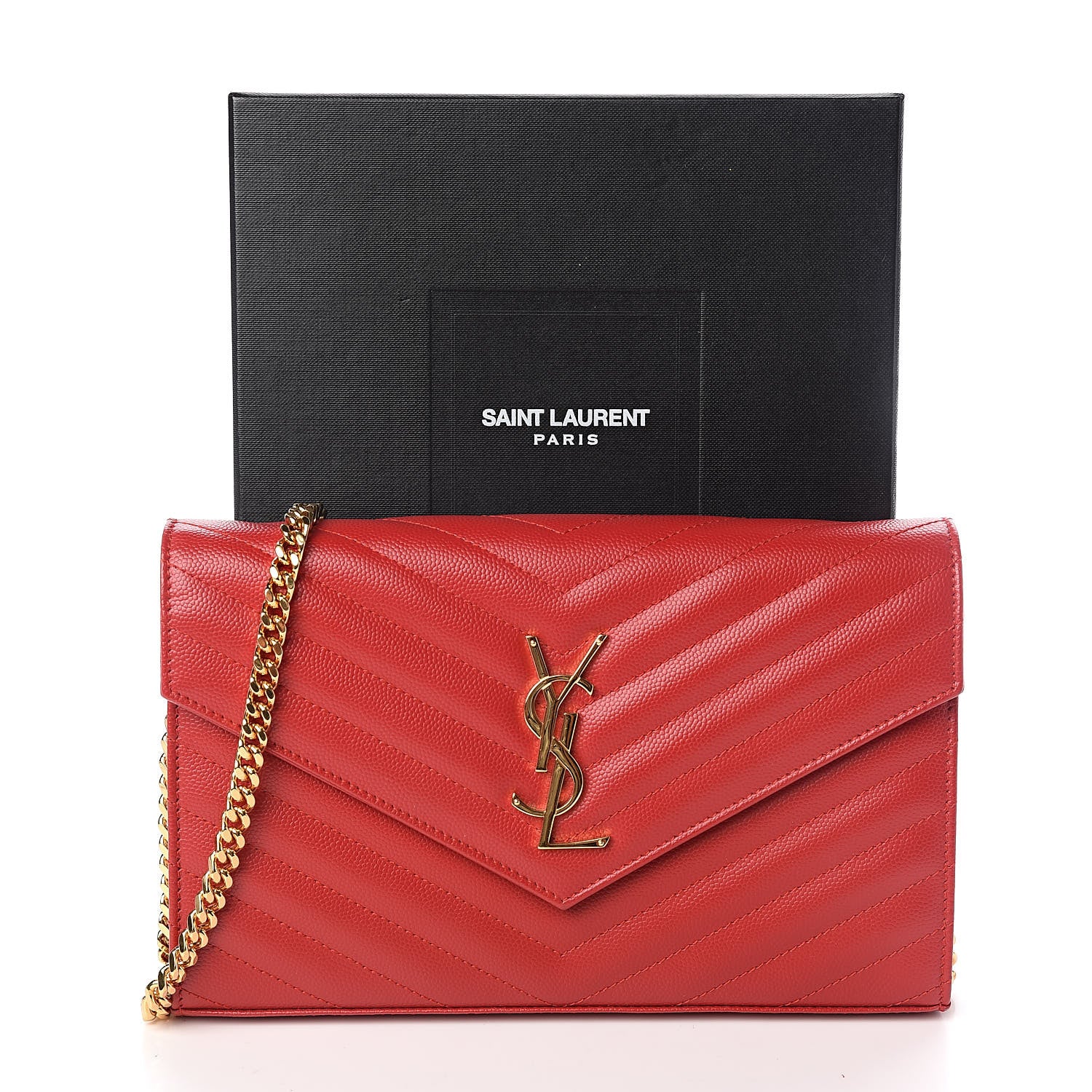 Saint Laurent Grain De Poudre Matelasse Chevron Monogram Chain Wallet New Red 11 of 11