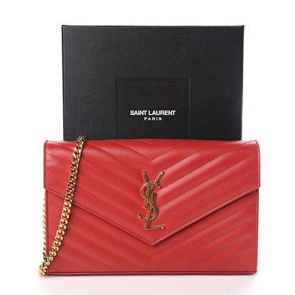 Saint Laurent Grain De Poudre Matelasse Chevron Monogram Chain Wallet New Red 11 of 11