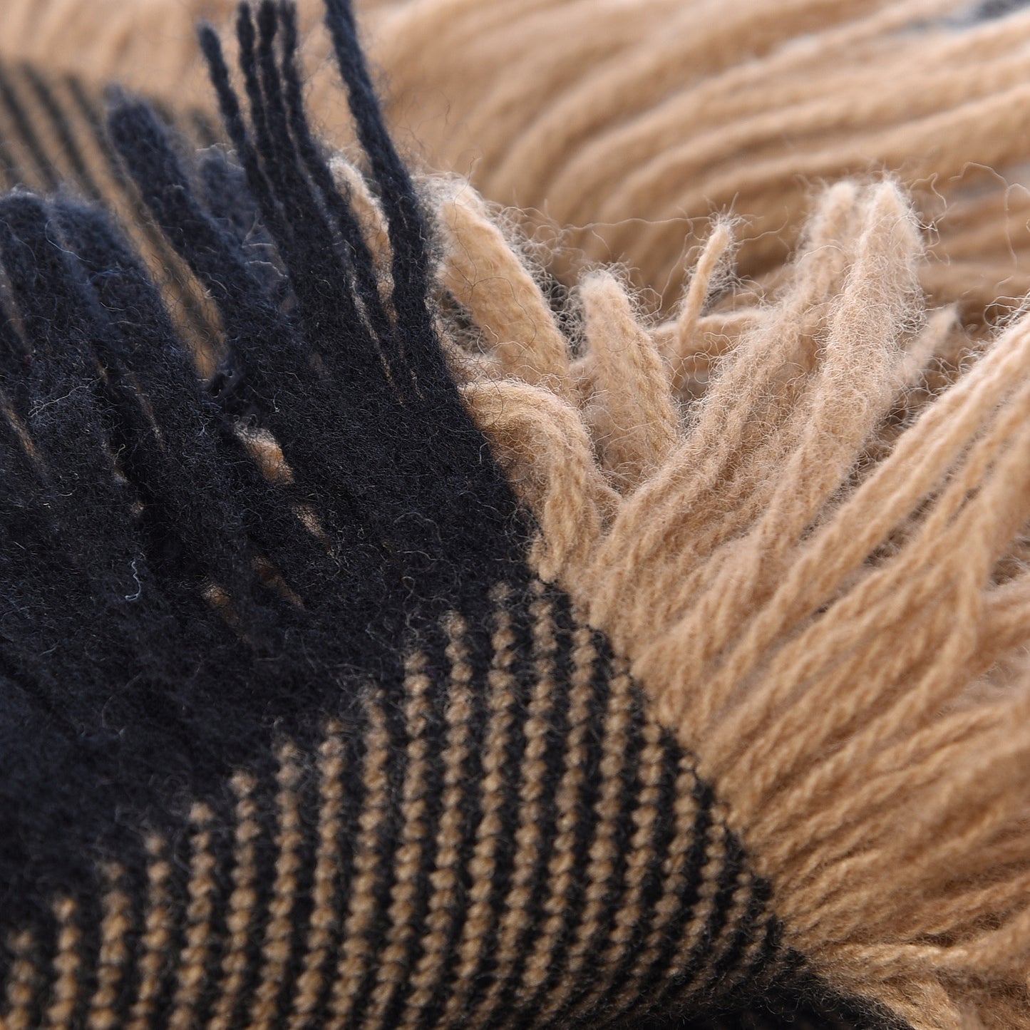 Wool Half Mega Check Fringe Scarf Camel