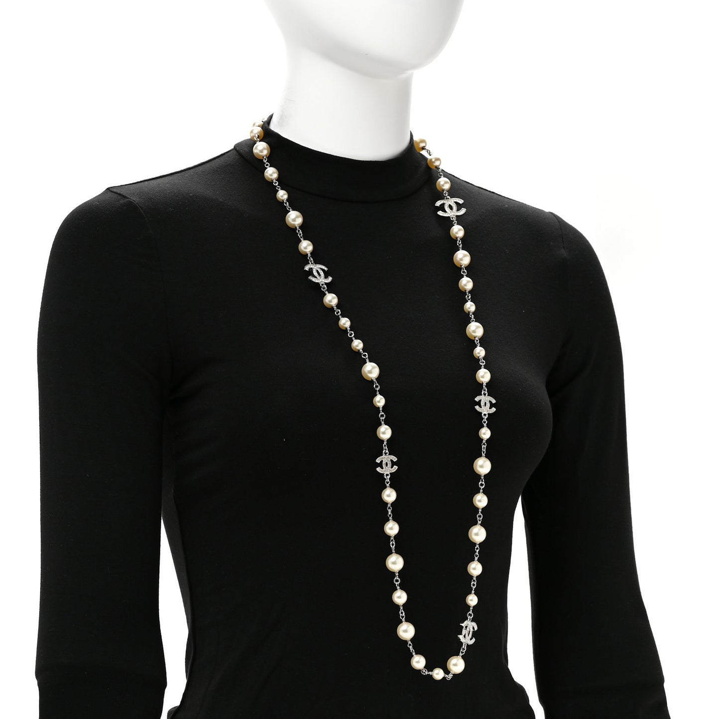 Graduated Pearl Crystal CC Long Necklace Silver