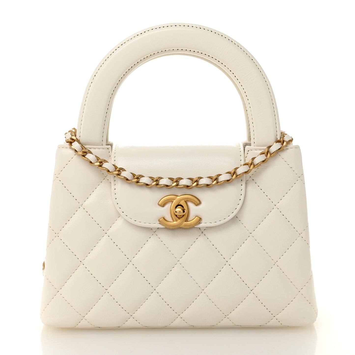 Shiny Aged Calfskin Quilted Nano Kelly Shopper White
