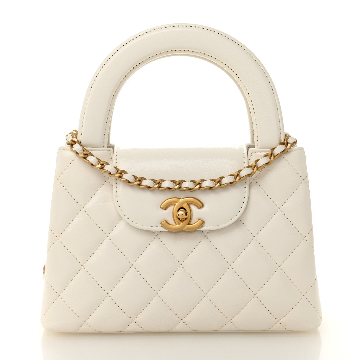 Chanel Shiny Aged Calfskin Quilted Nano Kelly Shopper White 1 of 10
