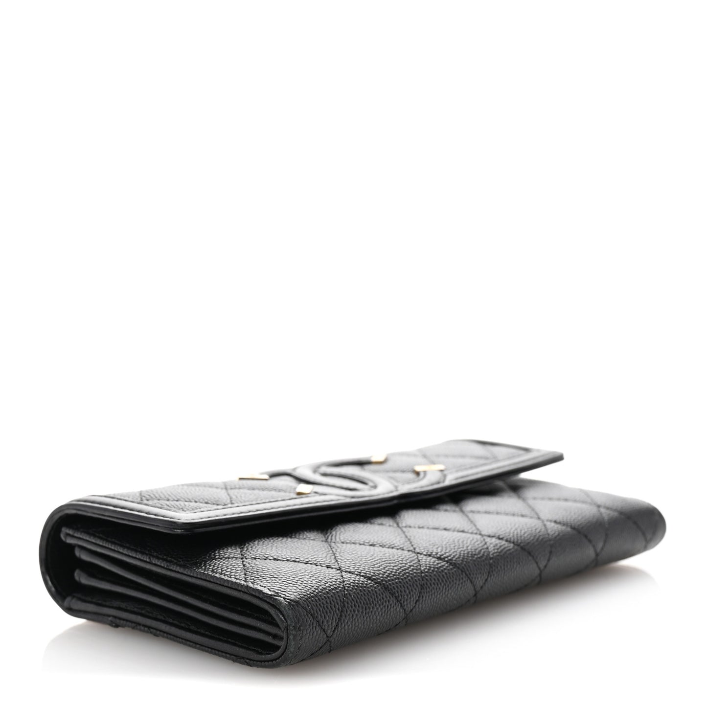 Caviar Quilted Filigree Large Gusset Flap Wallet Black