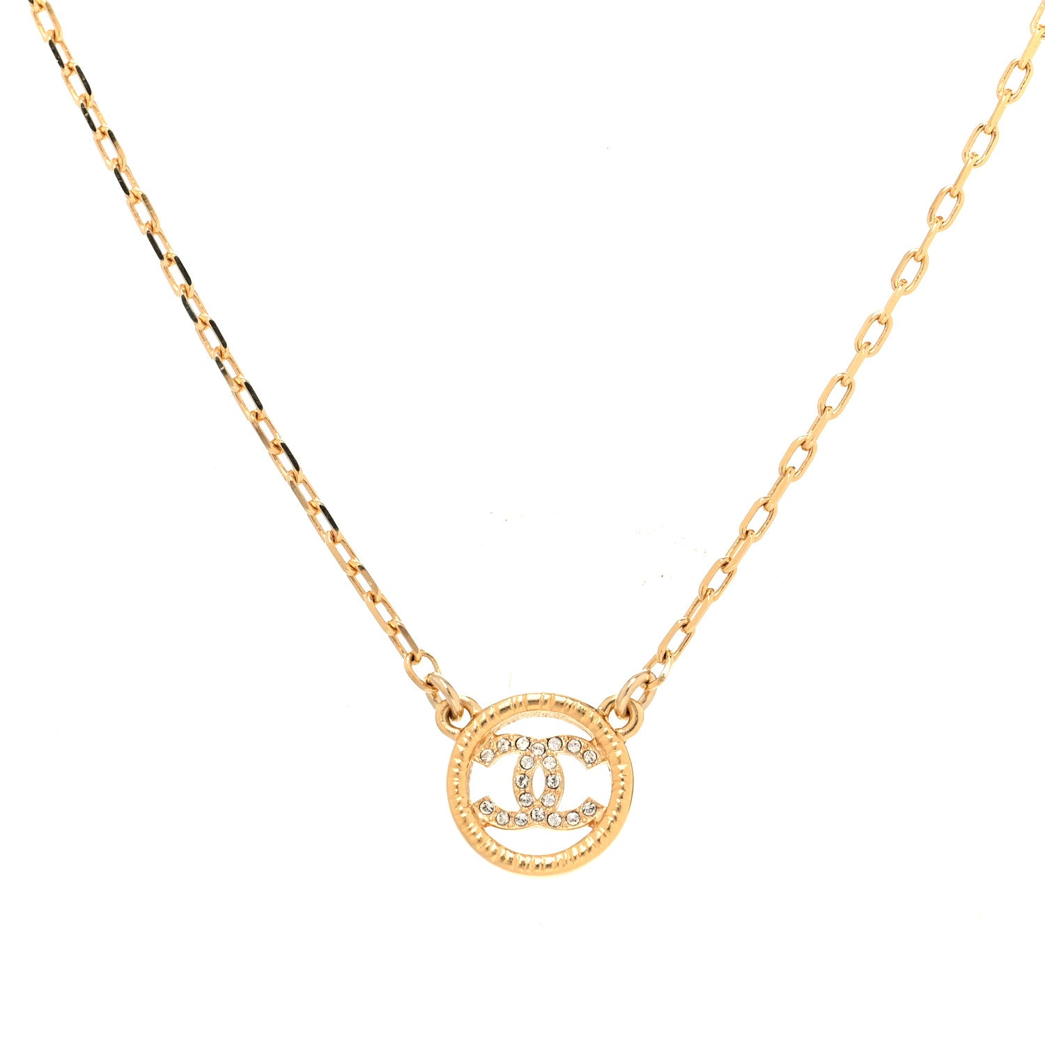 Chanel Crystal Metal CC Round Pendant Necklace Gold 1 of 6