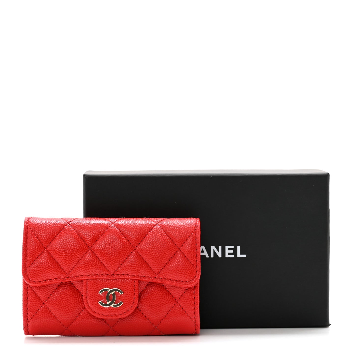 Caviar Quilted Flap Card Holder Wallet Red