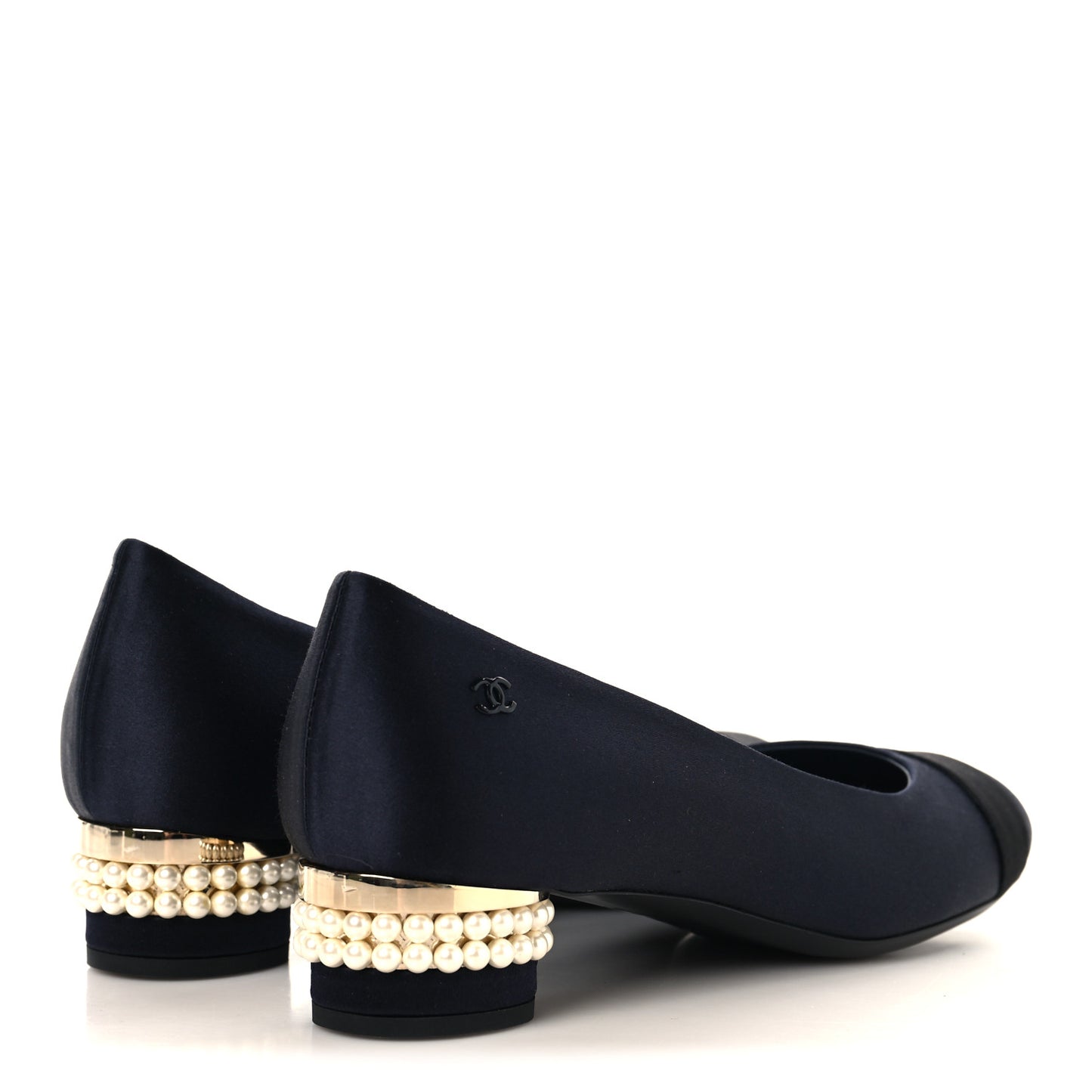 Satin Pearl Cap Toe Low Heel Pumps 38 Navy Blue Black