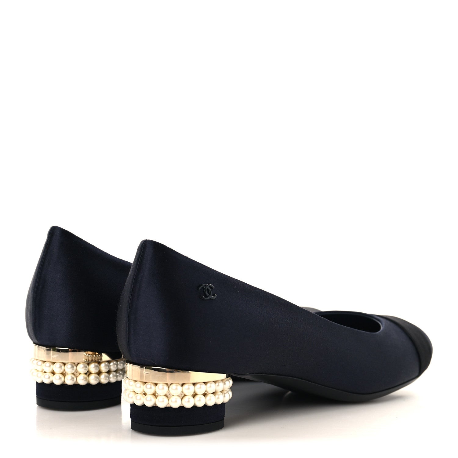 Chanel Satin Pearl Cap Toe Low Heel Pumps 38 Navy Blue Black 5 of 10