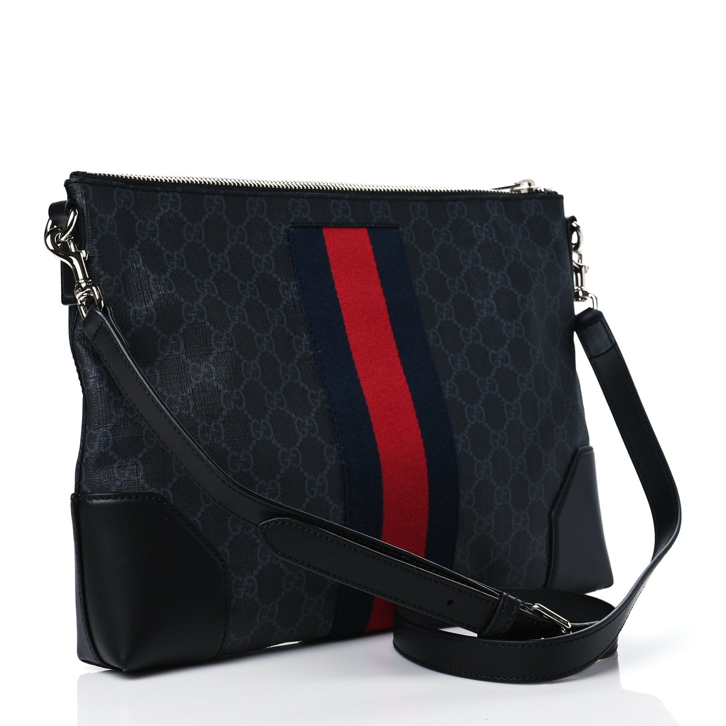 Soft GG Supreme Monogram Appia Calfskin Web East West Messenger Bag Black Grey