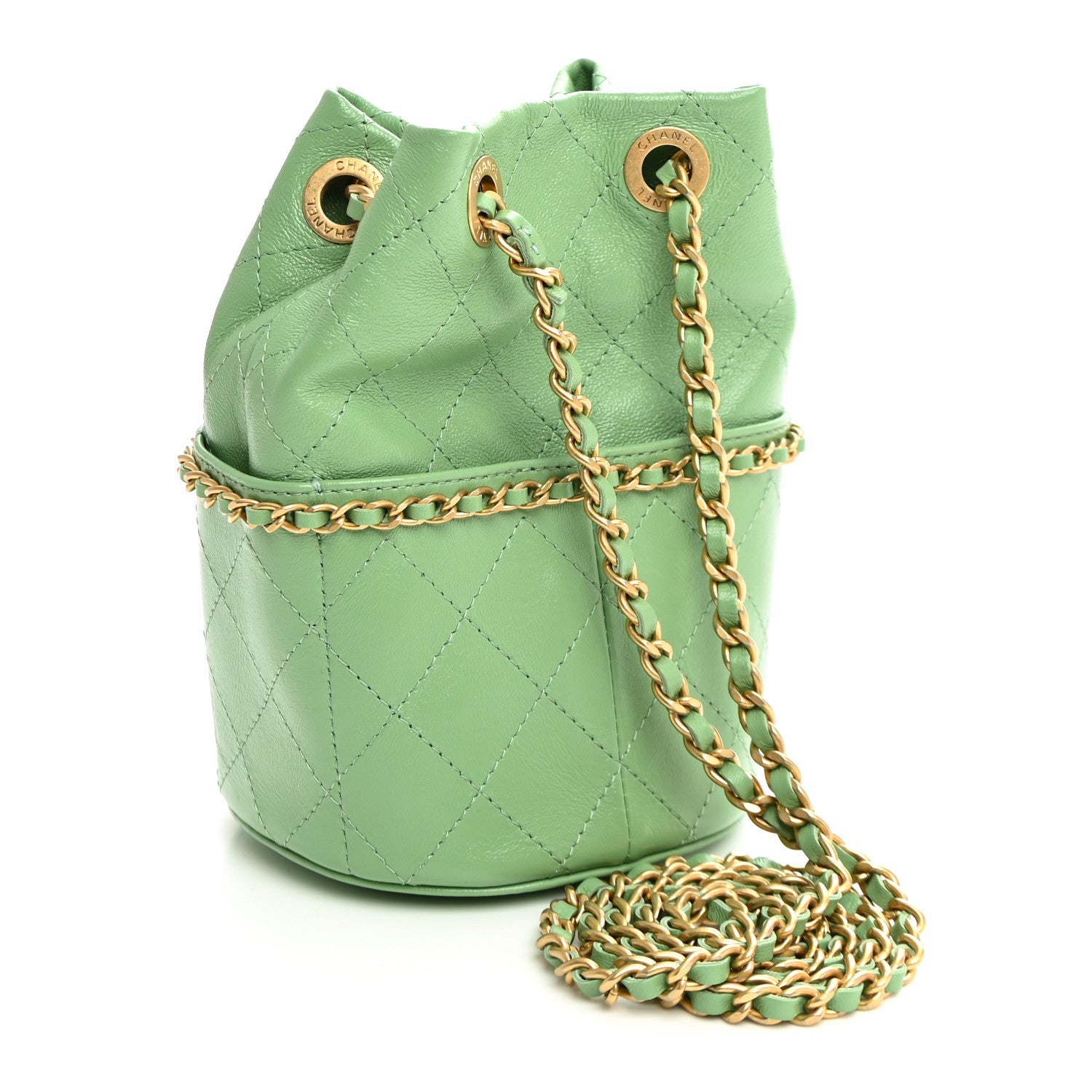 Chanel Shiny Lambskin Quilted Chain Around Drawstring Bucket Clutch With Chain Green 3 of 10