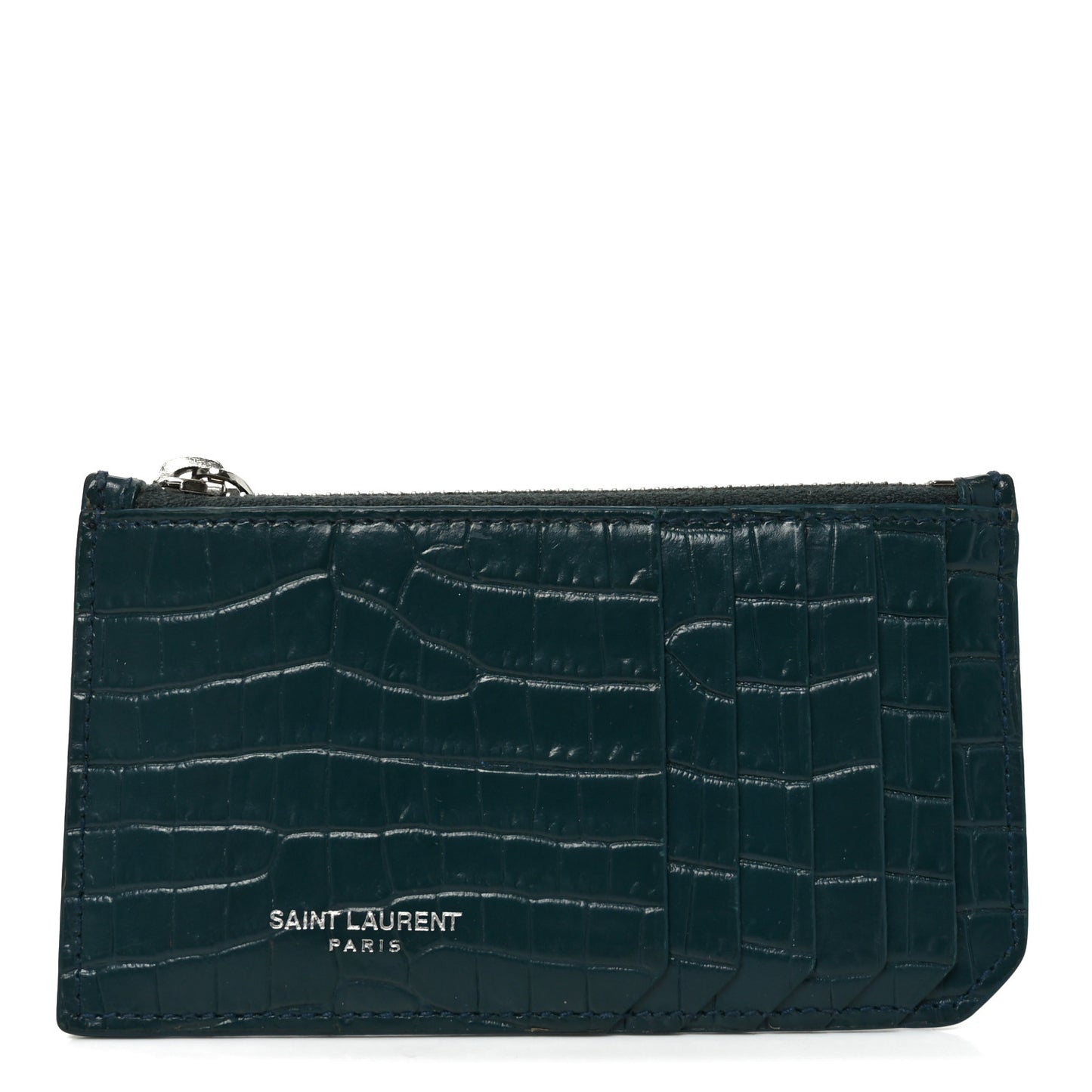 Calfskin Crocodile Embossed 5 Fragments Zip Pouch Card Holder Dark Turquoise