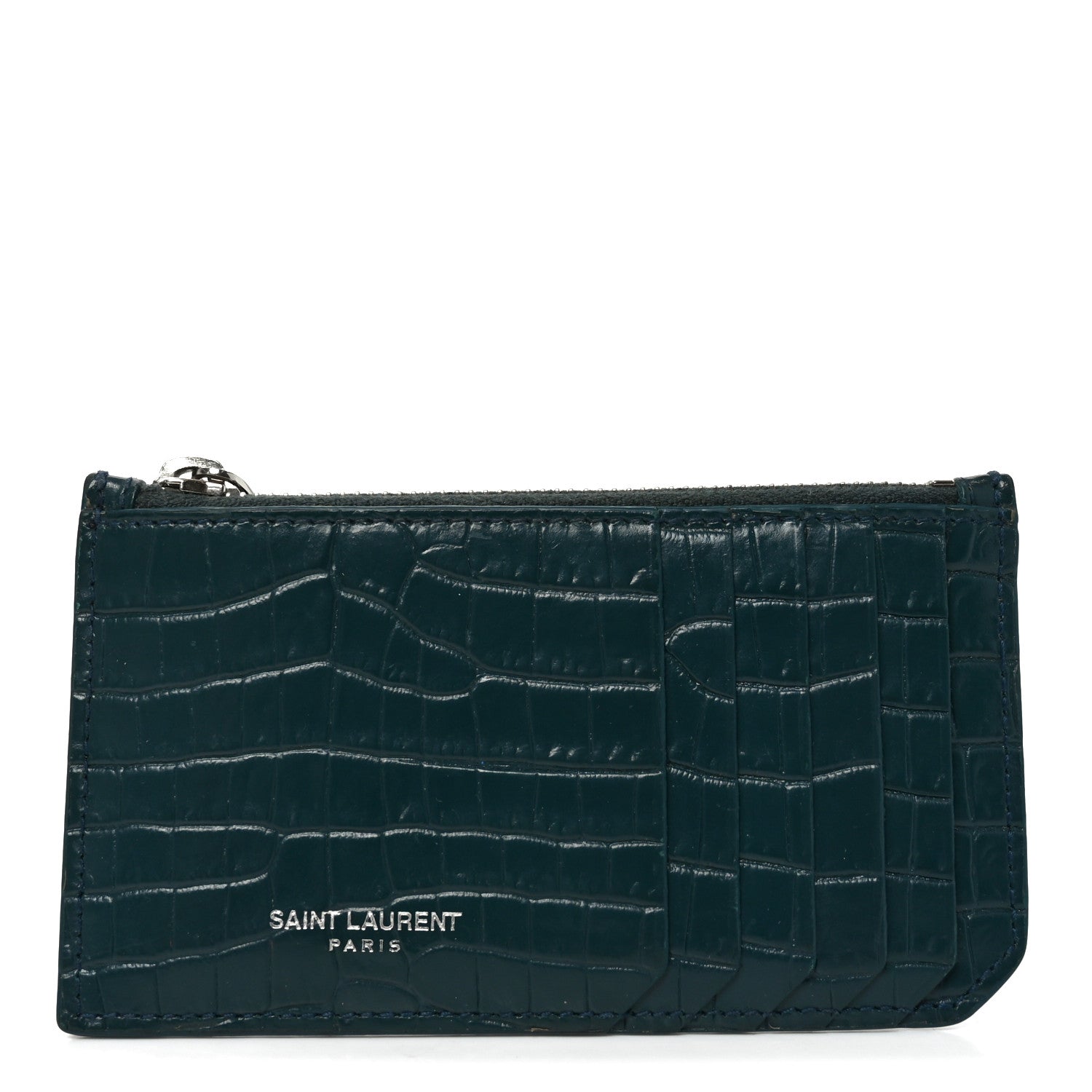 Saint Laurent Calfskin Crocodile Embossed 5 Fragments Zip Pouch Card Holder Dark Turquoise 1 of 7