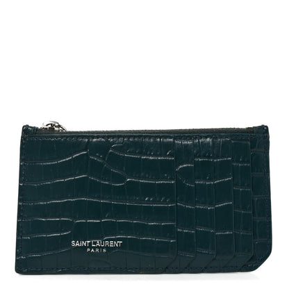 Saint Laurent Calfskin Crocodile Embossed 5 Fragments Zip Pouch Card Holder Dark Turquoise 1 of 7