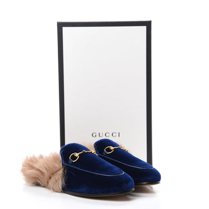 Gucci Velvet Fur Womens Princetown Slippers 37.5 Cobalt Blue 8 of 8