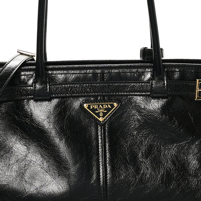 Prada Glossy Calfskin Triangle Large Bonnie Shoulder Bag Black 7 of 9