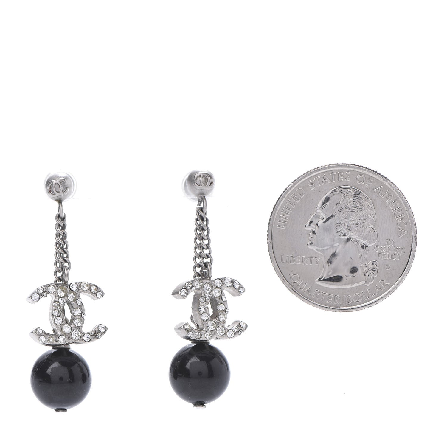 Chanel Crystal Pearl CC Dangle Earrings Silver Black 2 of 5
