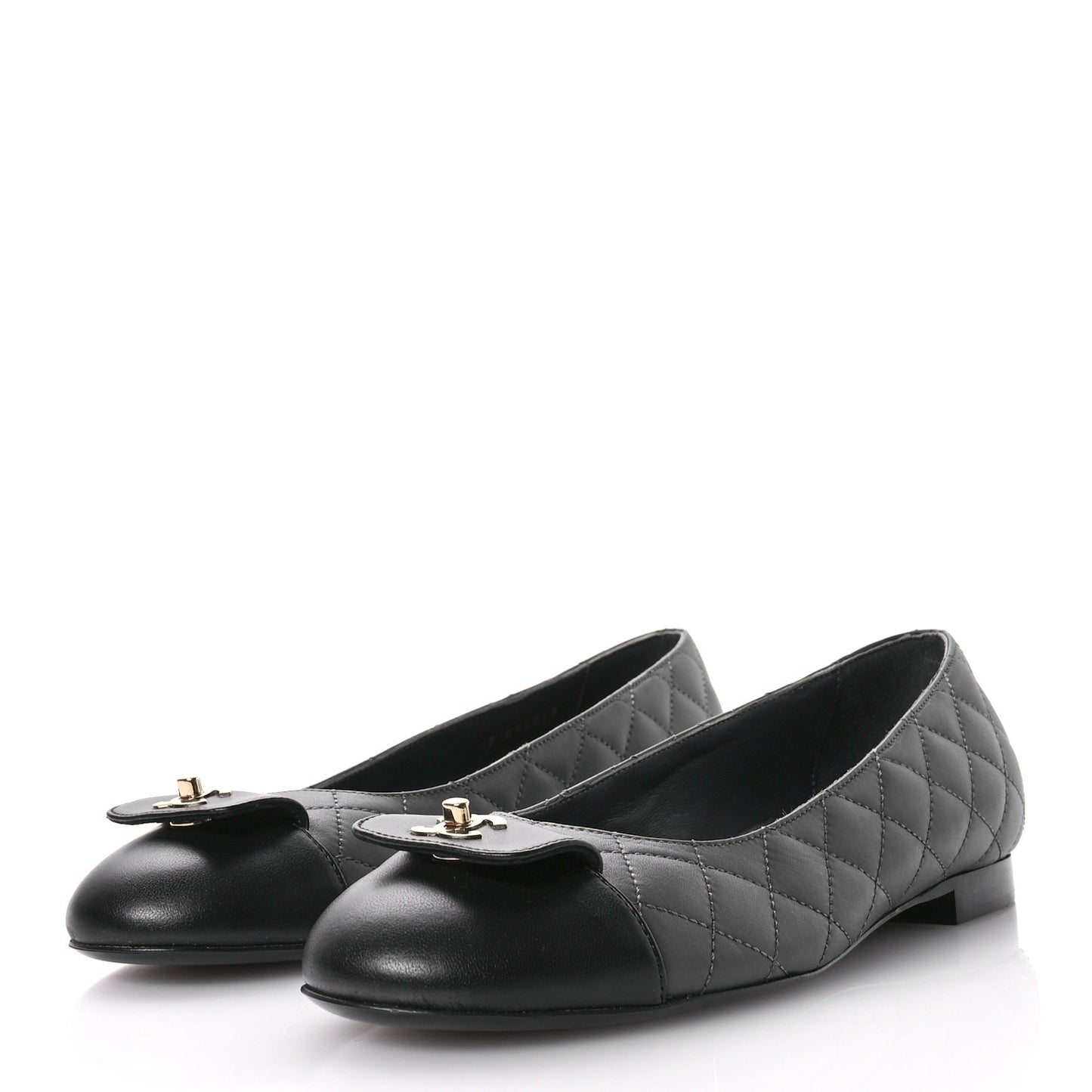 Calfskin Lambskin Quilted CC Ballerina Flats 37.5 Grey Black