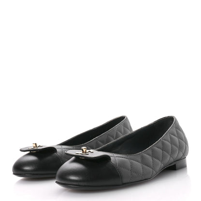 Chanel Calfskin Lambskin Quilted CC Ballerina Flats 37.5 Grey Black 4 of 10