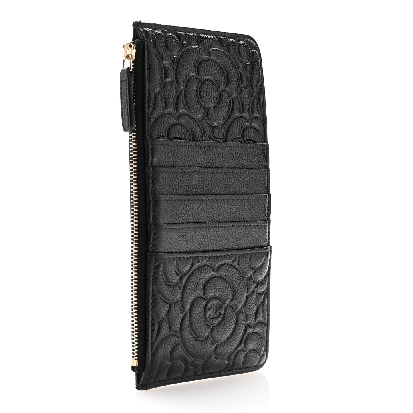 Caviar Camellia Embossed Classic Flat Wallet Pouch Black