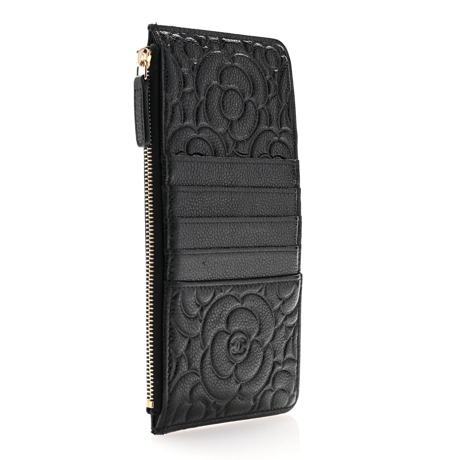 Chanel Caviar Camellia Embossed Classic Flat Wallet Pouch Black 3 of 8
