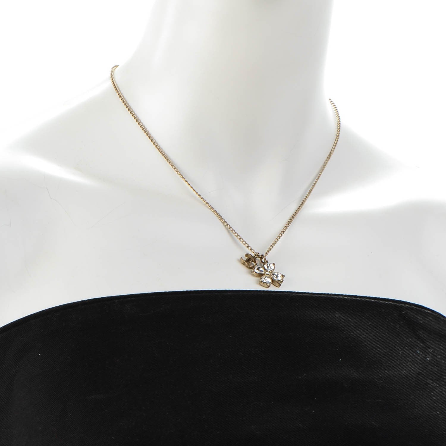 Chanel Crystal CC Four Leaf Clover Pendant Necklace Gold 2 of 4