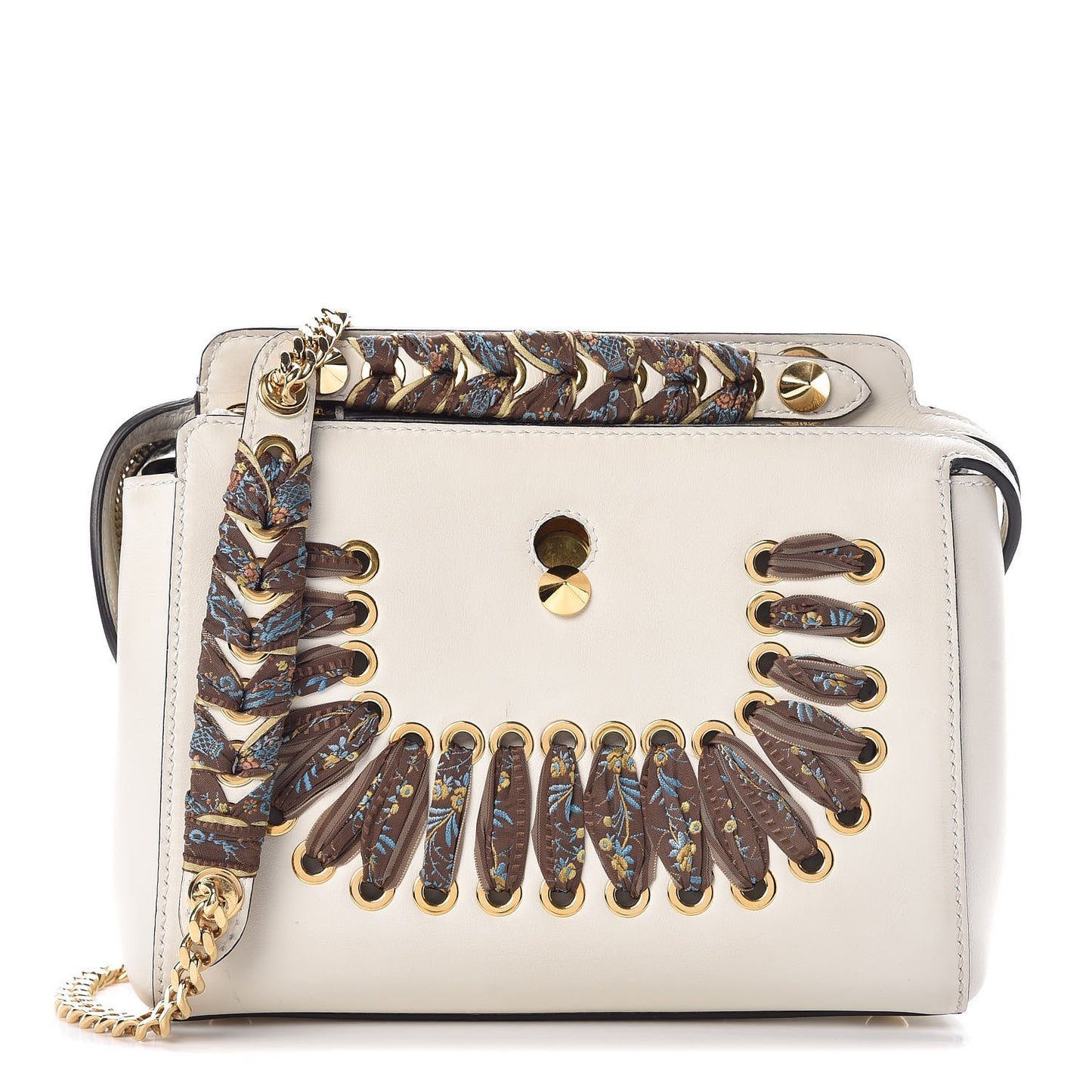 Vitello Baltico Ribbon Lace Up Floral Small DotCom Click Chain Satchel White Multicolor