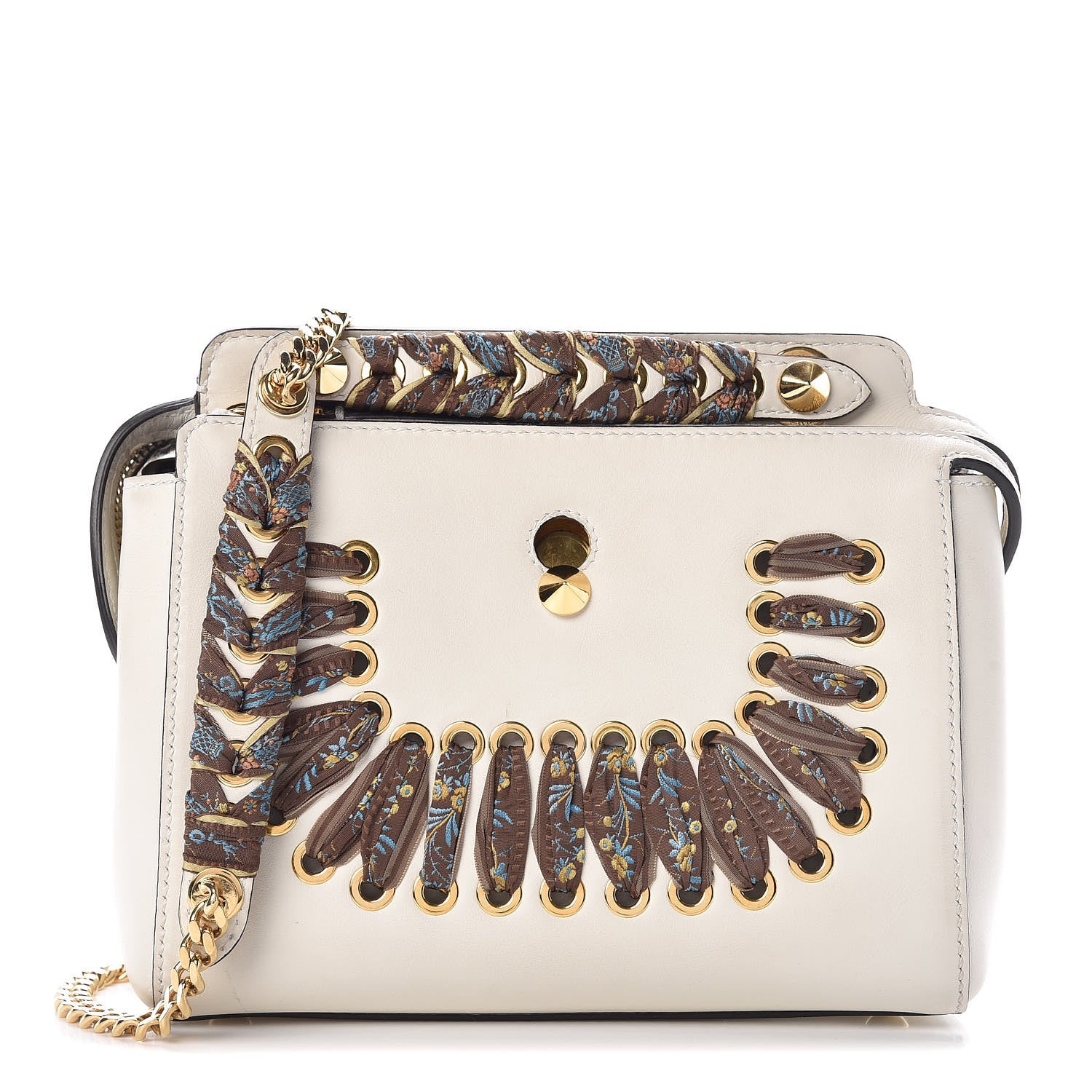 Fendi Vitello Baltico Ribbon Lace Up Floral Small DotCom Click Chain Satchel White Multicolor 1 of 19