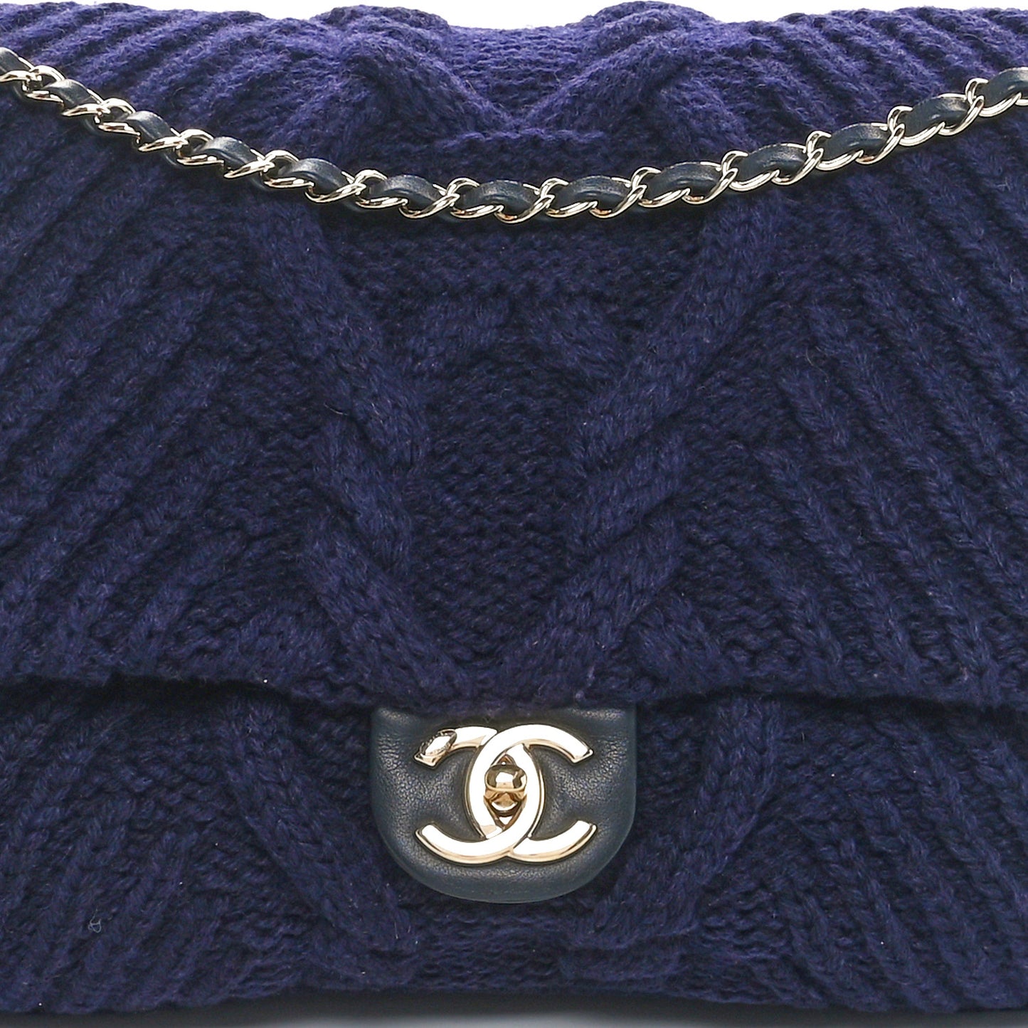 Cable Knit Calfskin Flap Bag Navy Blue