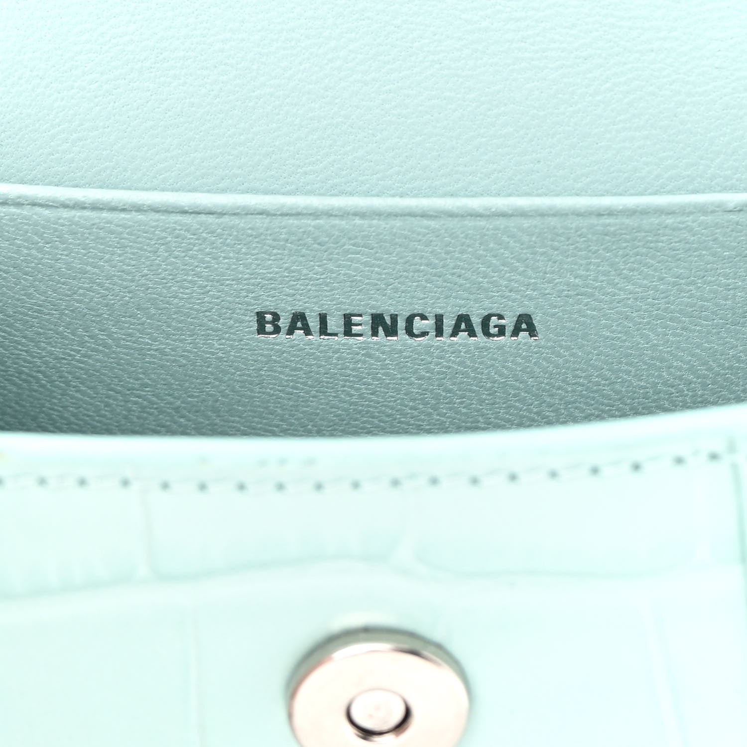 Balenciaga Shiny Calfskin Crocodile Embossed Hourglass Top Handle Bag Mini with Chain Green Acqua 6 of 11