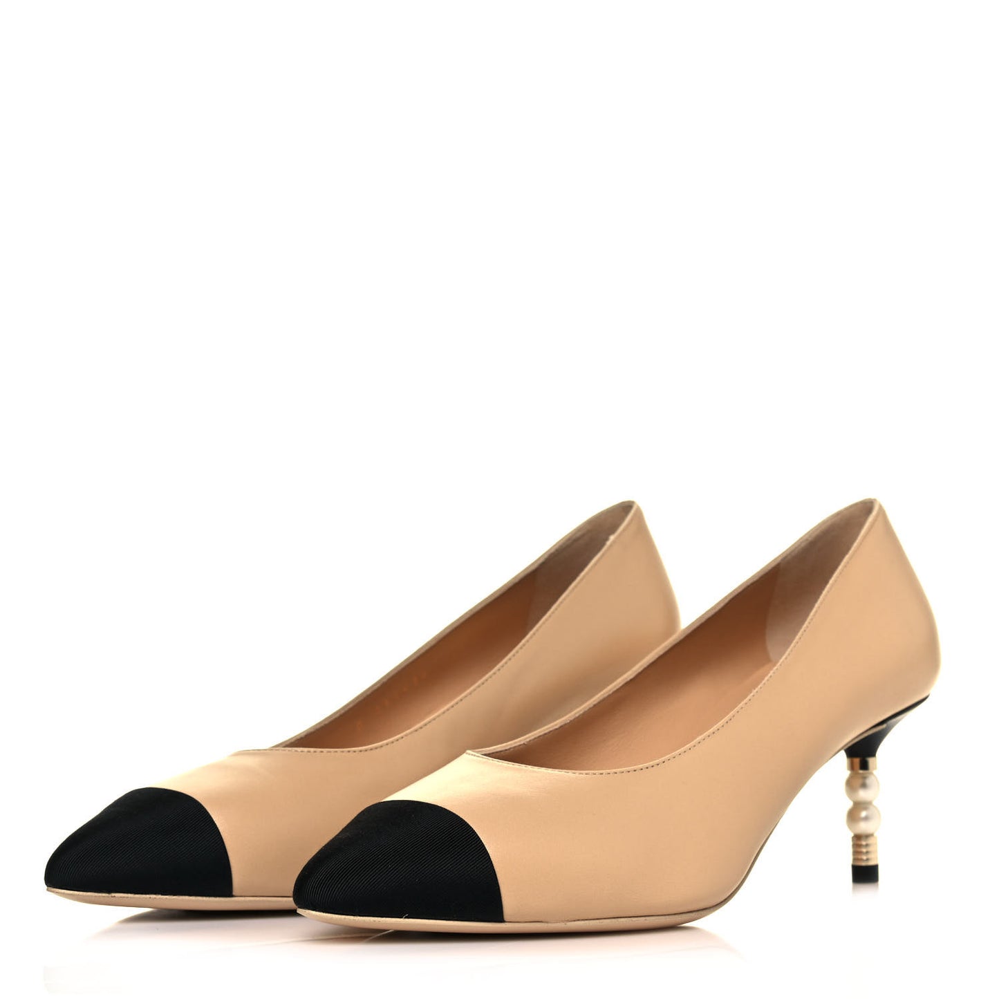 Lambskin Grosgrain Cap Toe CC Pearl Pumps 37.5 Beige Black