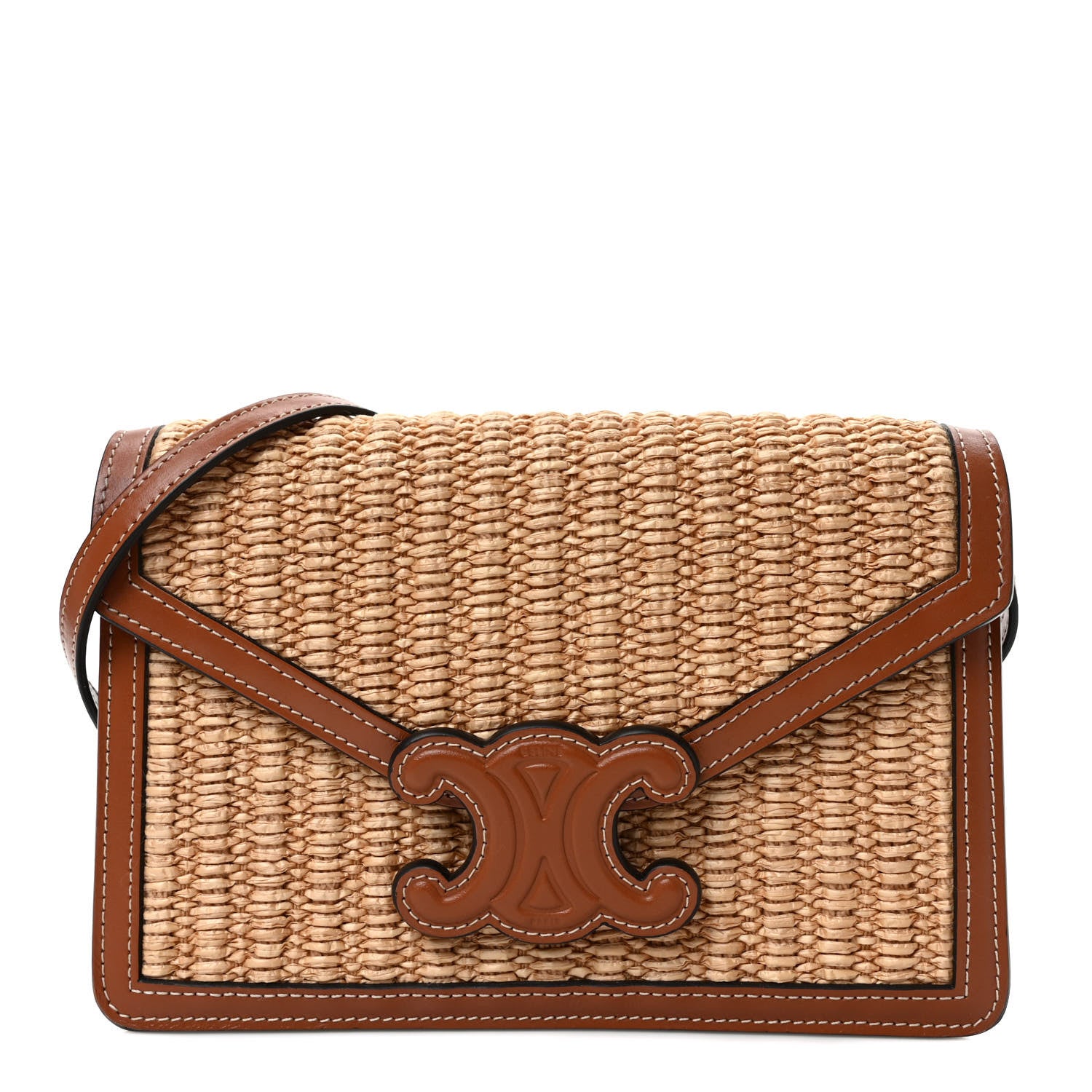 Celine Raffia Calfskin Triomphe Wallet on Strap Natural Tan