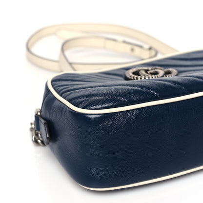 Gucci Vintage Effect Calfskin Matelasse Diagonal Small Torchon GG Marmont Chain Shoulder Bag Blue Agata Mystic White 8 of 9