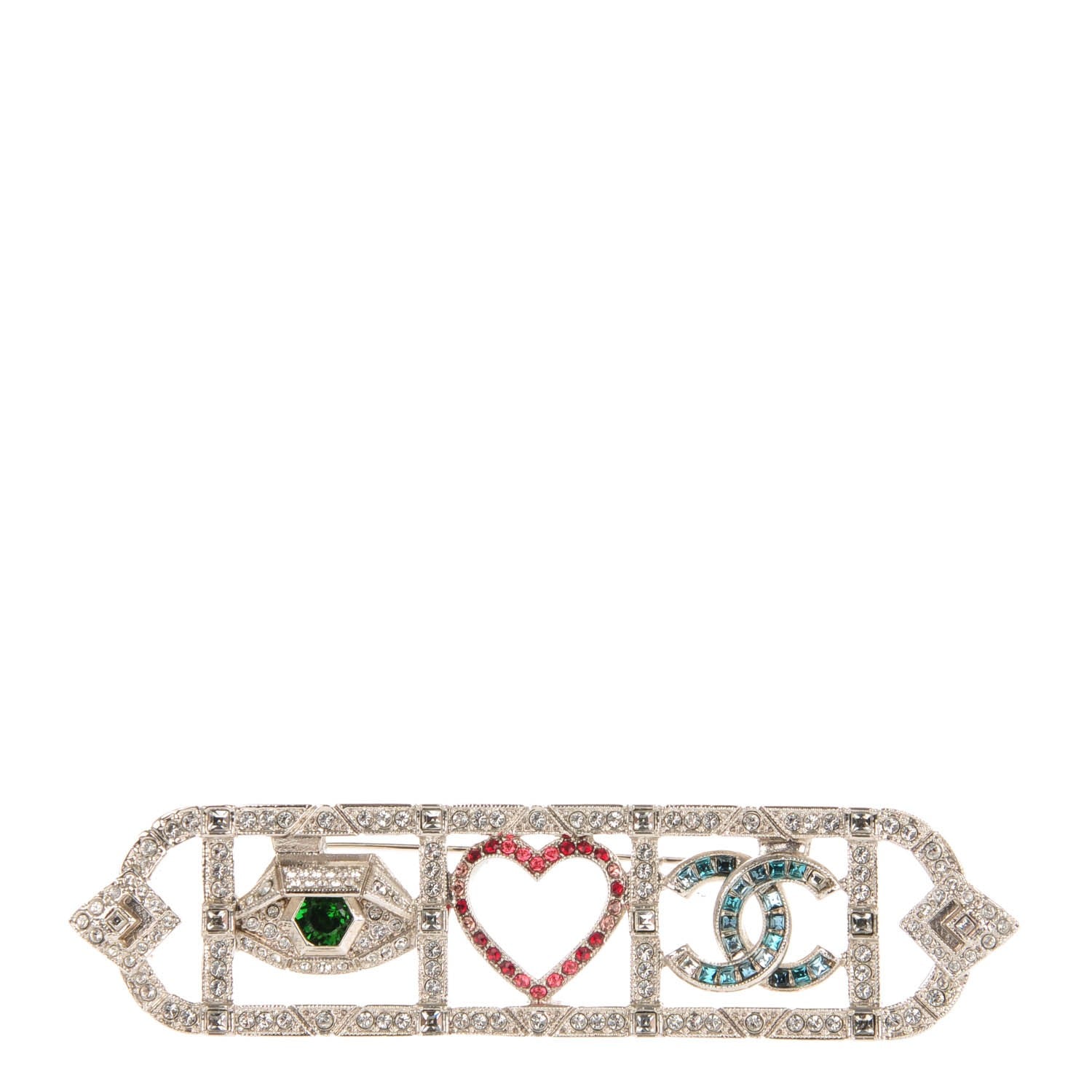 Chanel Crystal Eye Heart CC Brooch Silver 1 of 4