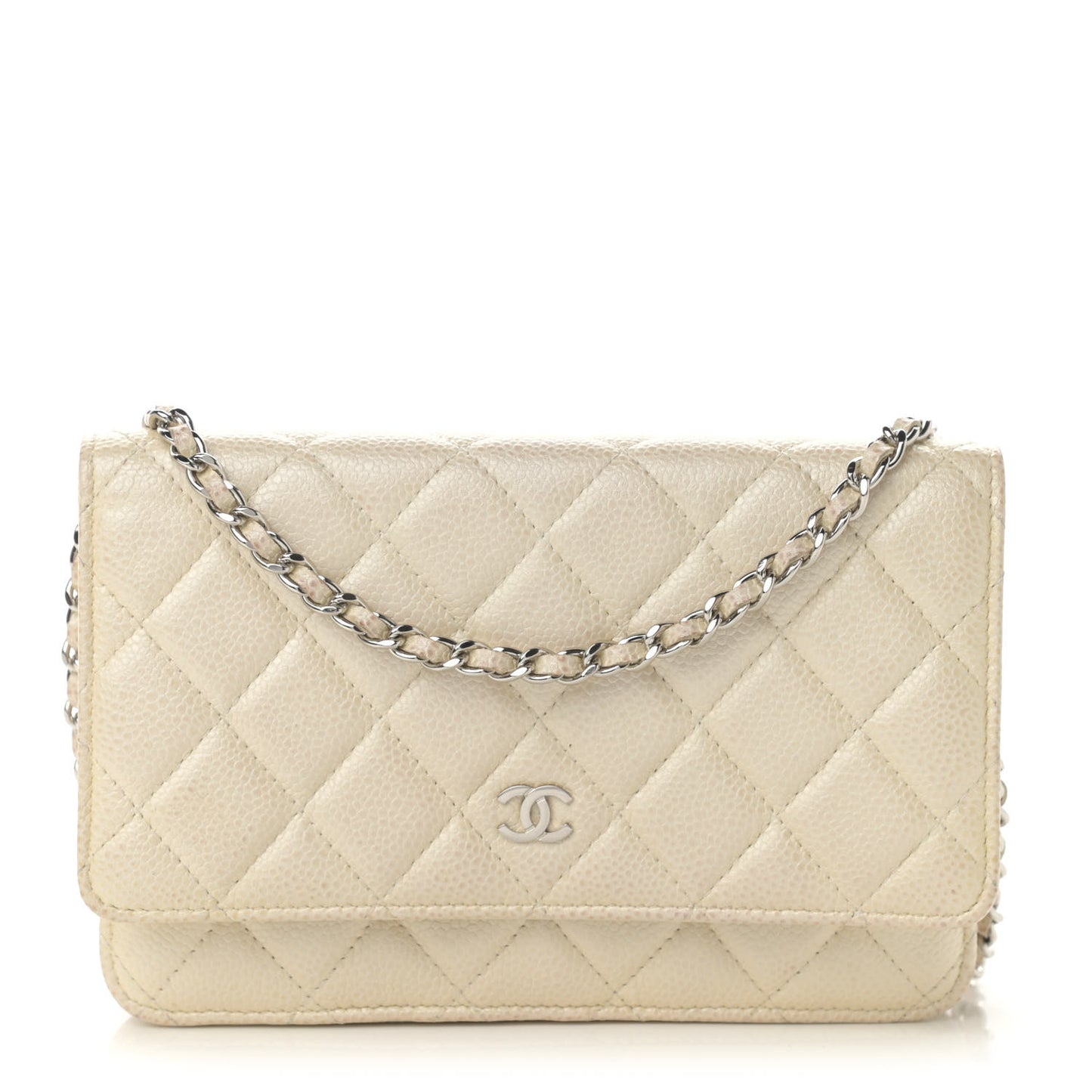 Iridescent Caviar Quilted Wallet On Chain WOC Ivory