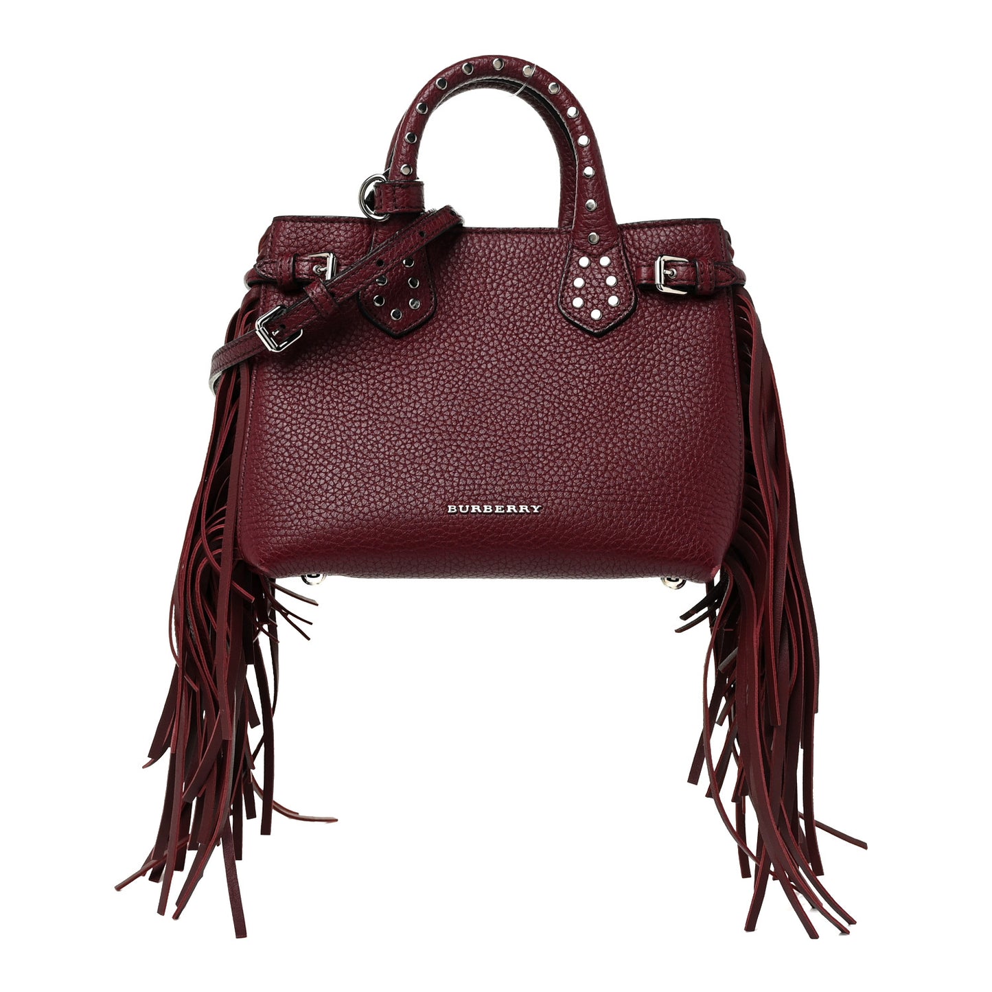 Grainy Calfskin Studded Fringe Baby Banner Tote Damson Magenta