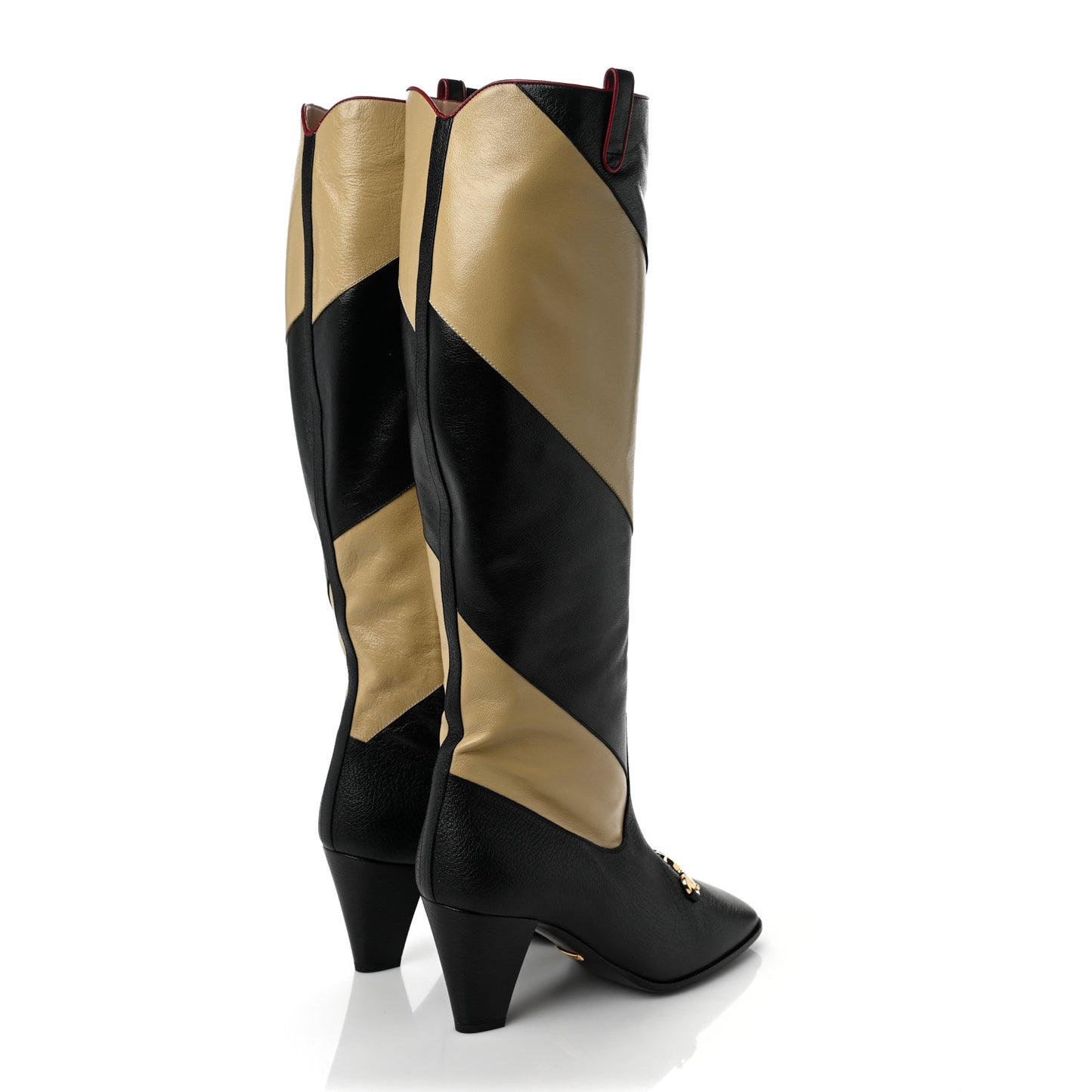 Calfskin Wrinkled Kid Diagonal Striped Zumi Knee Boots 38.5 Black Beige Romantic Cherry