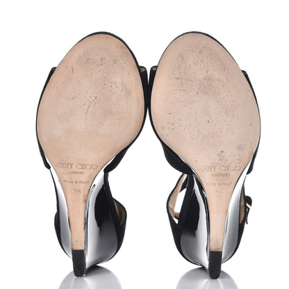 Jimmy Choo Suede Patent Verena Peep Toe Wedge Sandals 38 Black 7 of 9