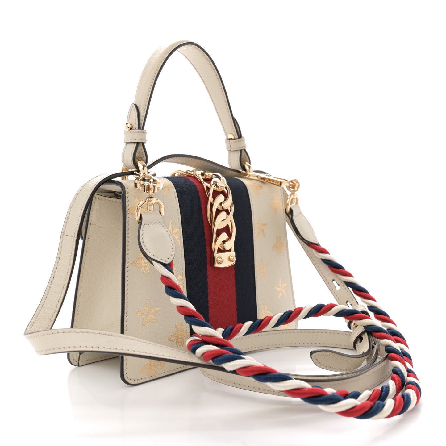 Textured Calfskin Bee Star Print Mini Sylvie Top Handle Bag Mystic White