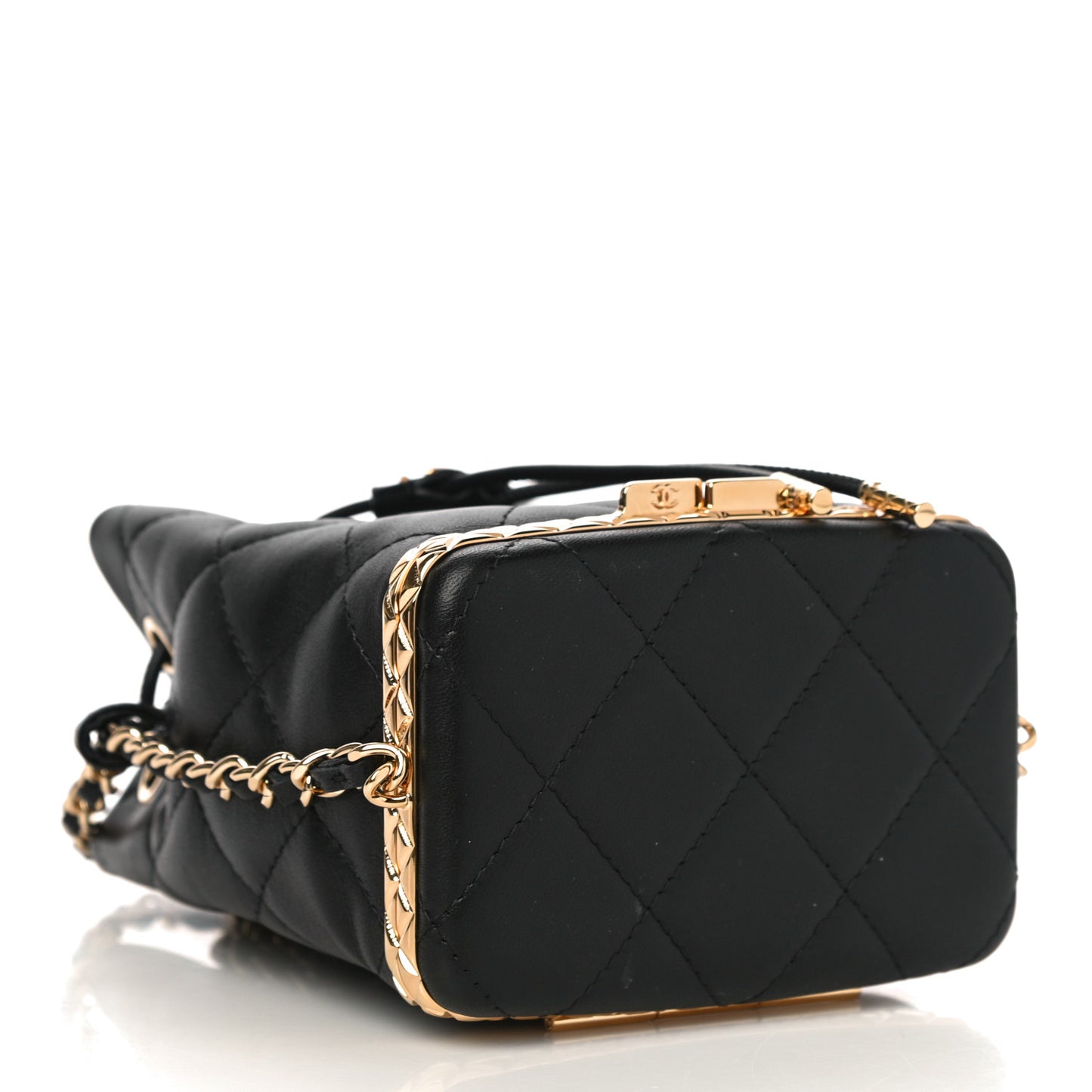 Metal Lambskin Quilted Small Chain Bucket Bag Black