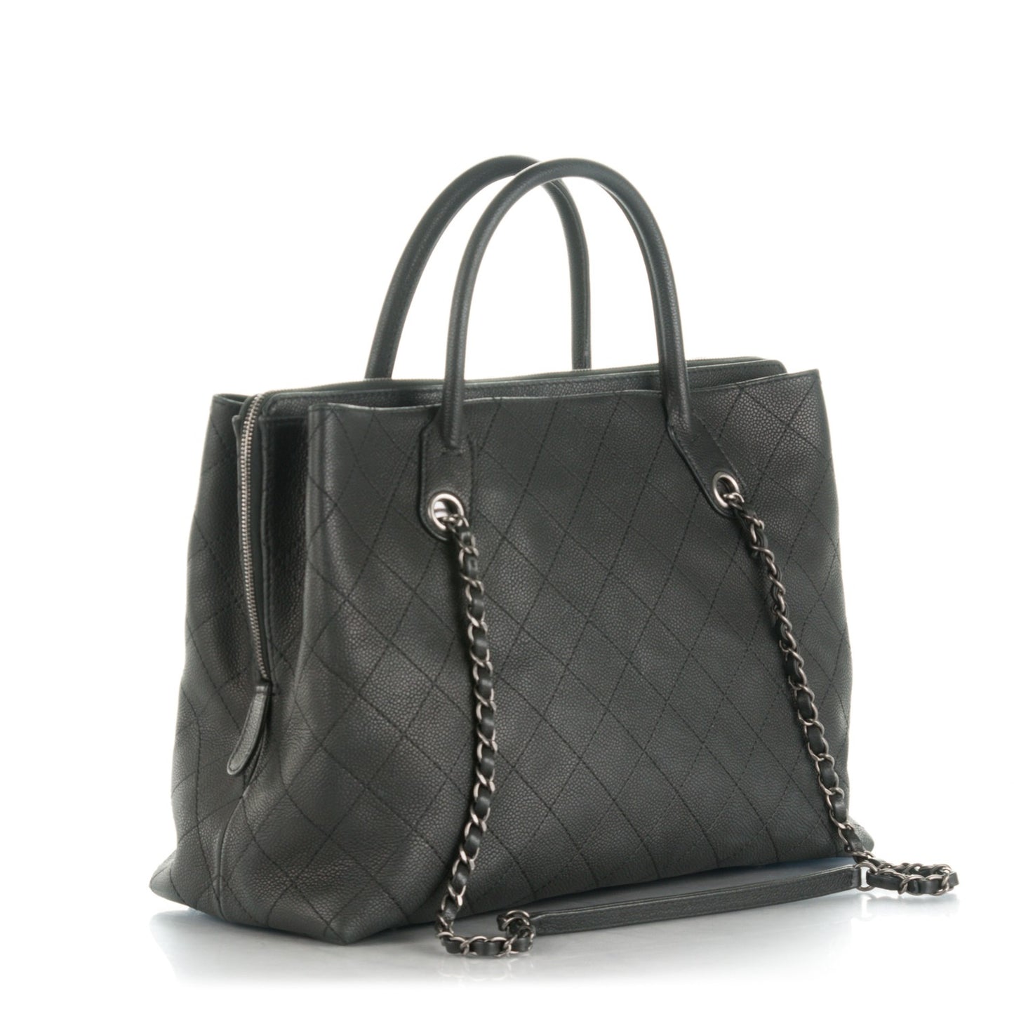 Grained Vegetal Calfskin Stitched Shopping Tote Black