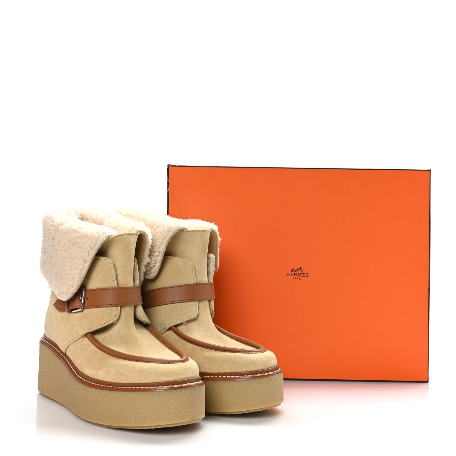 Hermes Suede Shearling Womens Hemisphere Ankle Boots 37.5 Beige Palomino 8 of 8