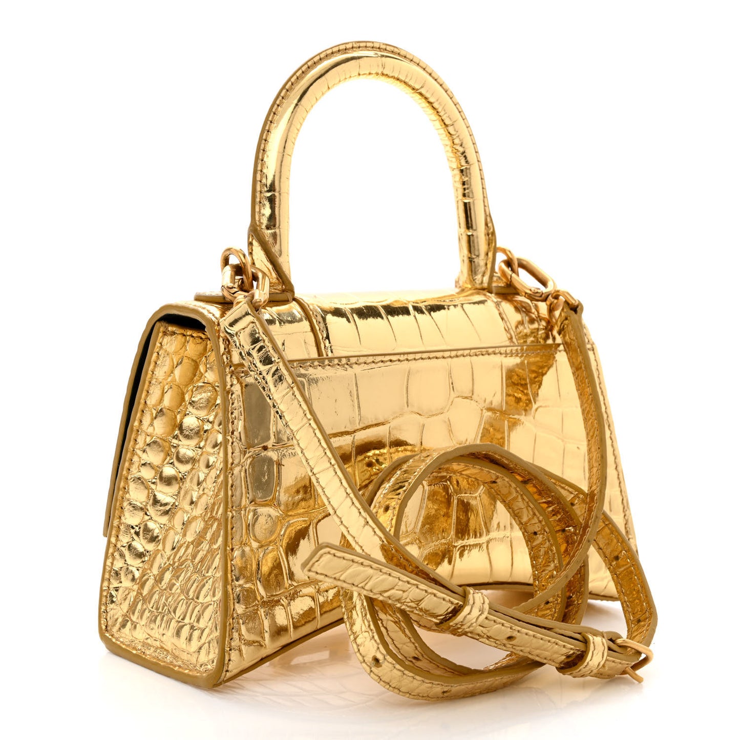 Metallic Calfskin Crocodile Embossed Hourglass Top Handle Bag XS Gold